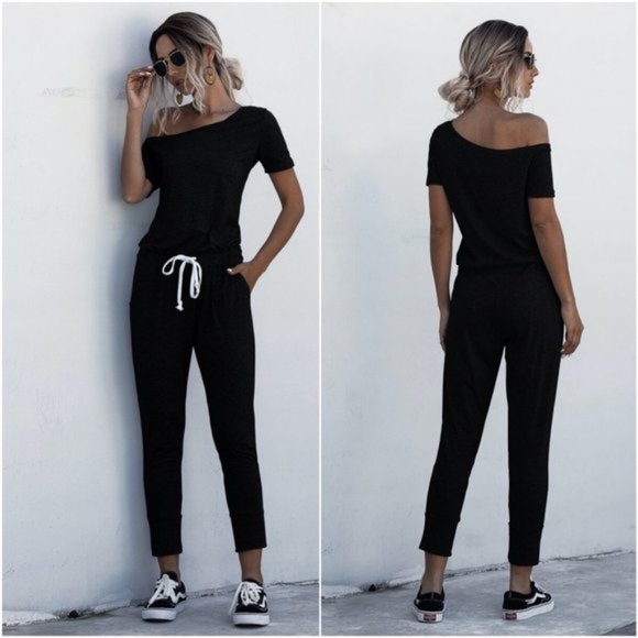EMILIE Off Shoulder BLACK Jumpsuit - Picture 3 of 3